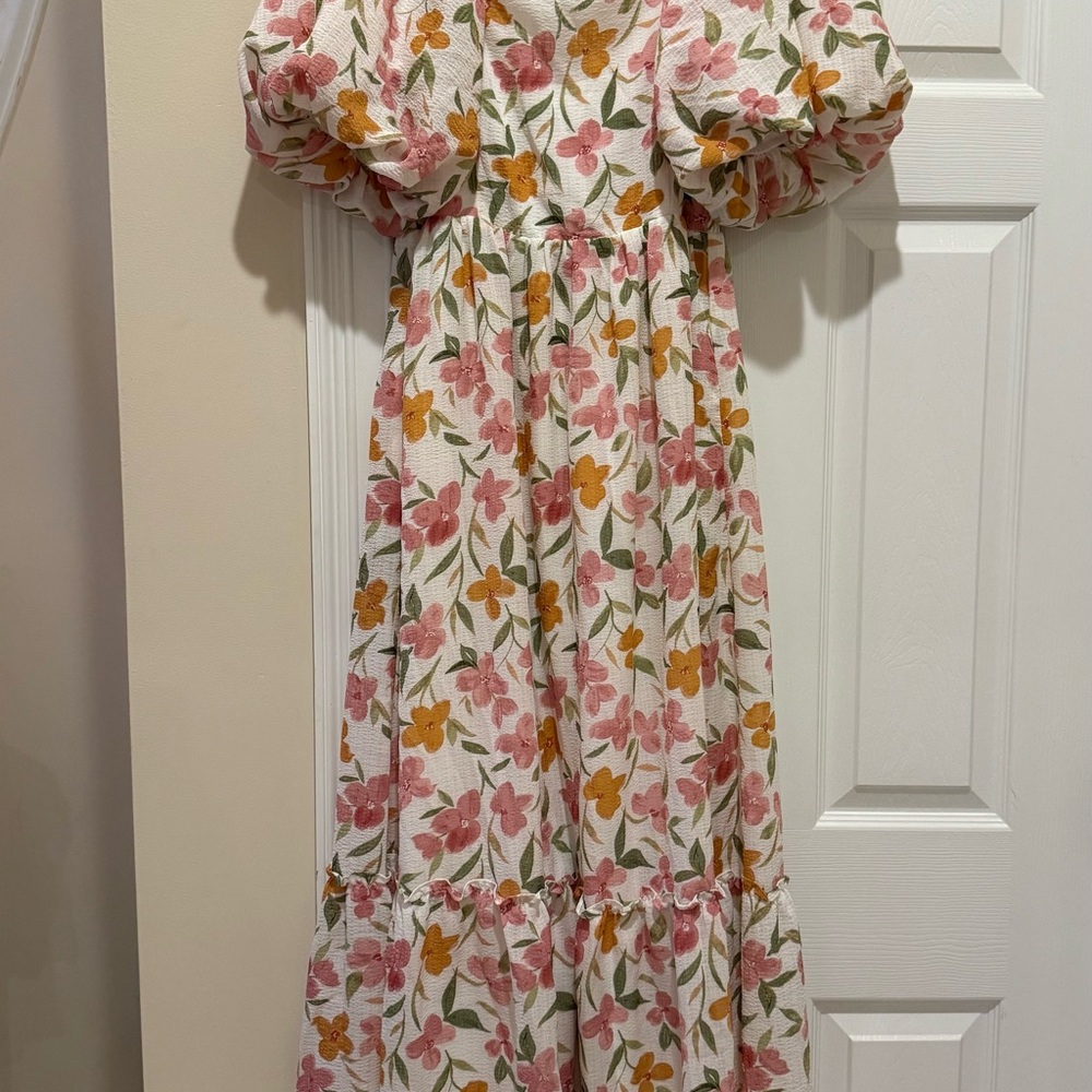 White Floral Puff Sleeve Maternity Maxi Dress